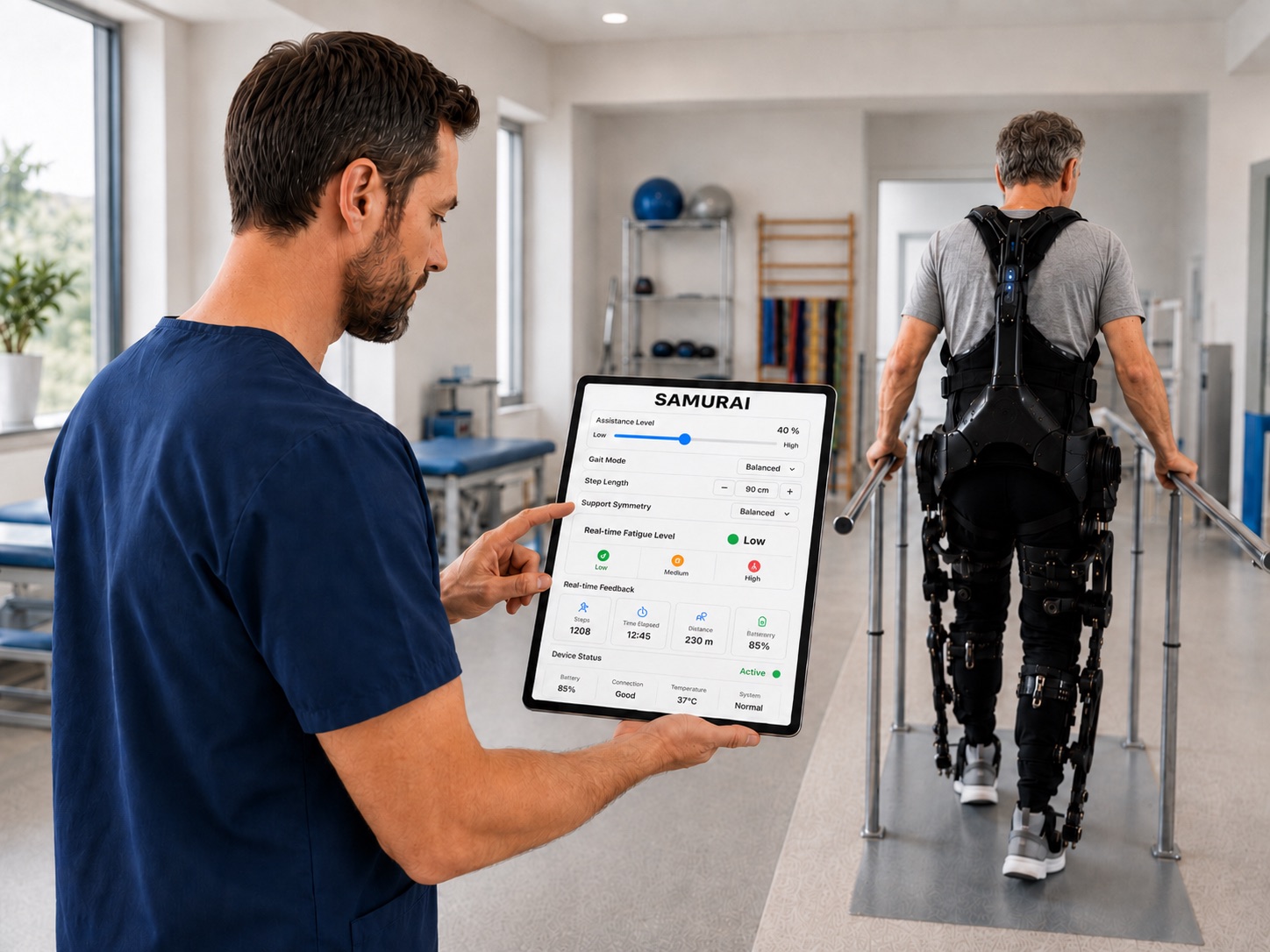 A clinician reviews the SAMURAI exoskeleton dashboard on a tablet while a patient walks in a powered lower-limb exoskeleton.